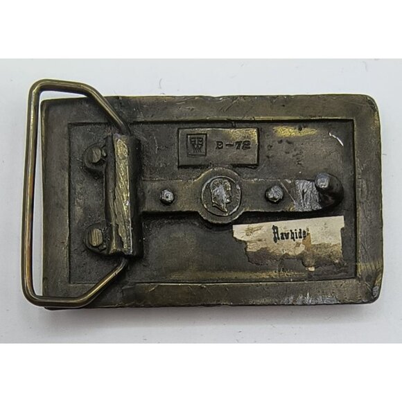 Antique Brass Rectangular Belt Buckle With Rustic Scene Engraving - Picture 3 of 4